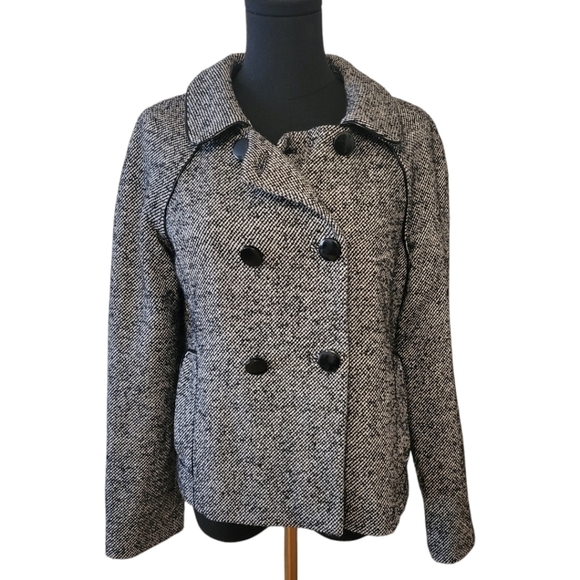 Banana Republic Black & Cream Wool Tweed Peacoat Jacket Size 6 - Picture 1 of 4